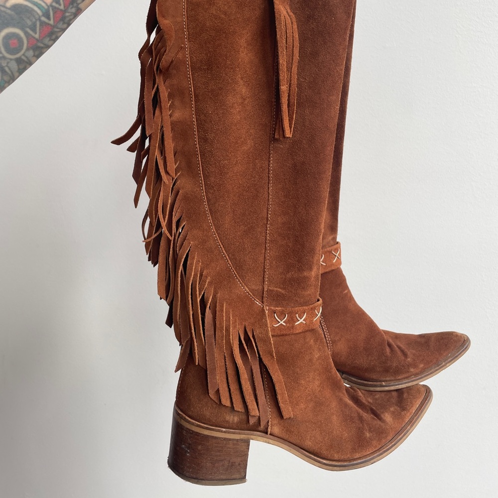 Brown KneeHi Vintage Suede Leather Fringe Boots Gem